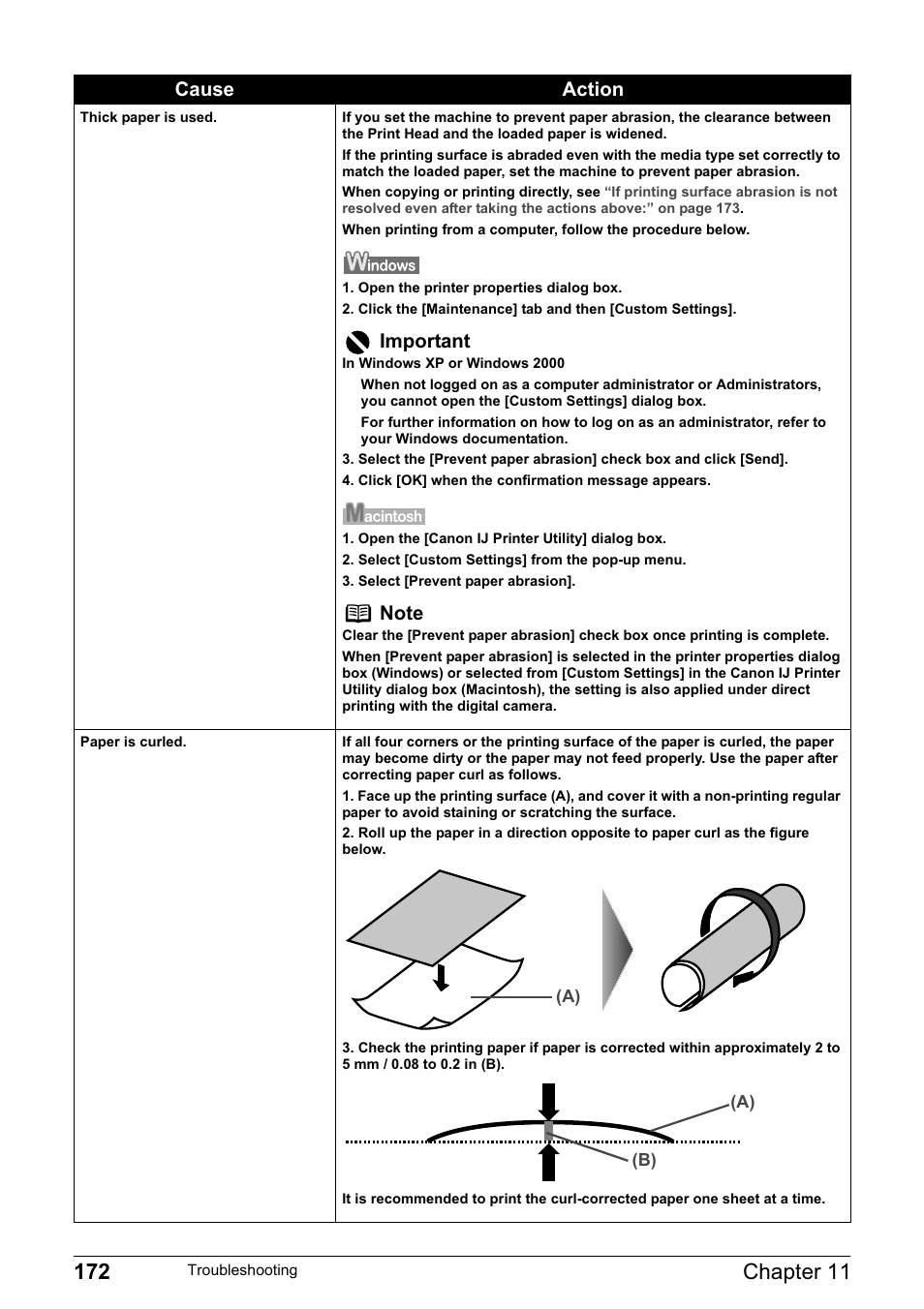 Important, Cause action | Canon PIXMA MP830 User Manual | Page 174 / 222