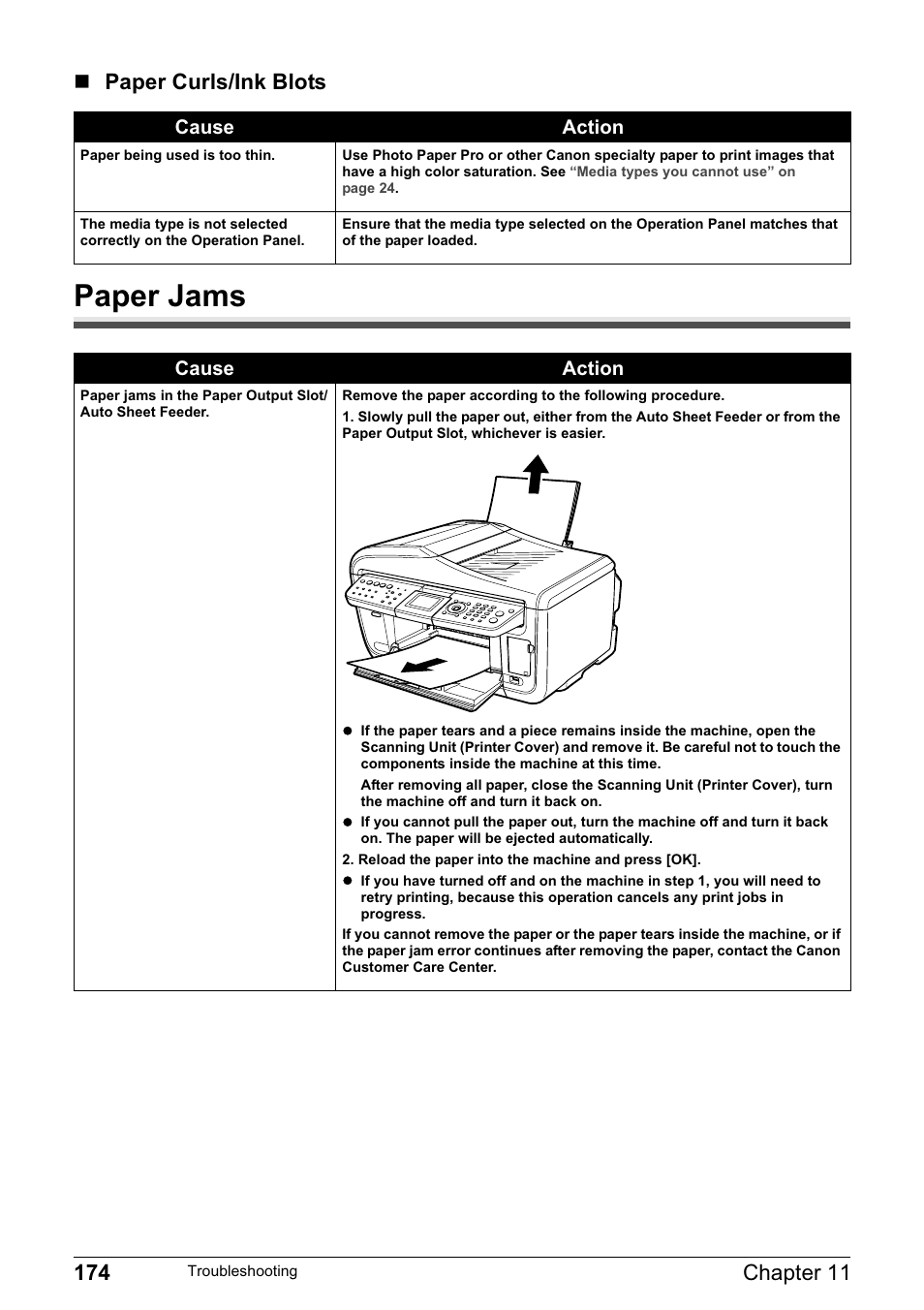 Paper jams, Paper curls/ink blots, Cause action | Canon PIXMA MP830 User Manual | Page 176 / 222