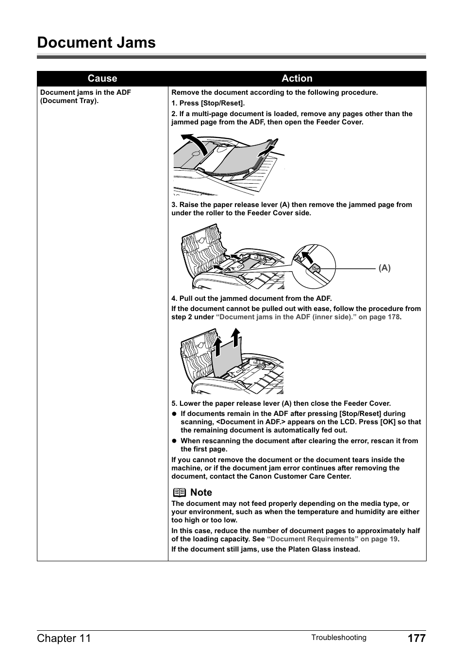 Document jams, Cause action | Canon PIXMA MP830 User Manual | Page 179 / 222