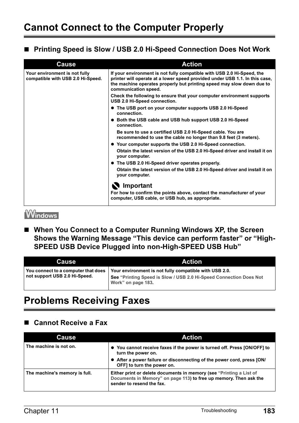 Cannot connect to the computer properly, Problems receiving faxes, Cannot receive a fax | Canon PIXMA MP830 User Manual | Page 185 / 222