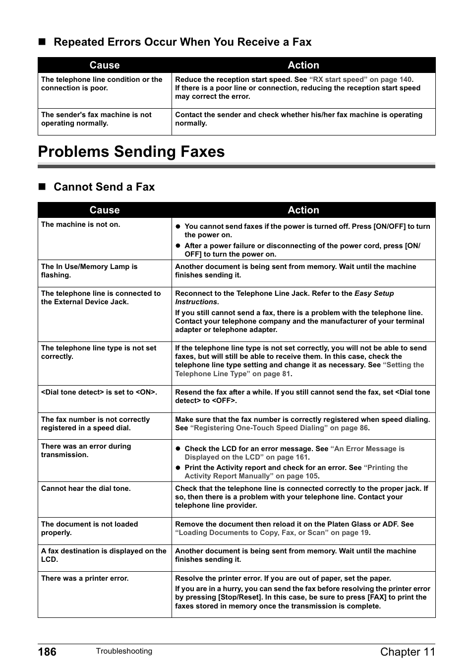 Problems sending faxes, Repeated errors occur when you receive a fax, Cannot send a fax | Cause action | Canon PIXMA MP830 User Manual | Page 188 / 222