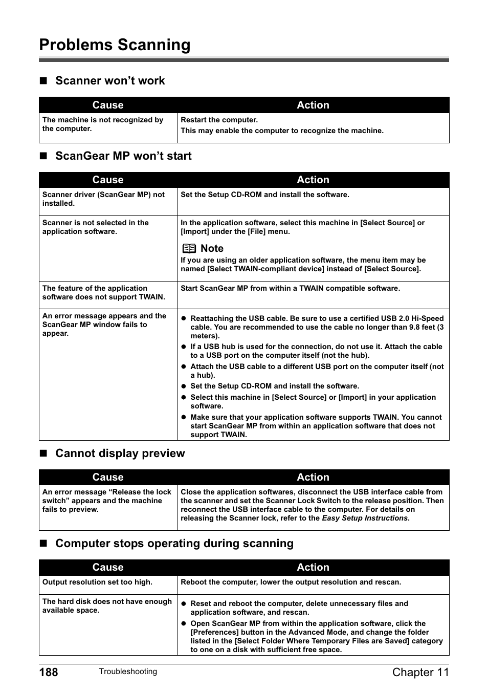 Problems scanning | Canon PIXMA MP830 User Manual | Page 190 / 222