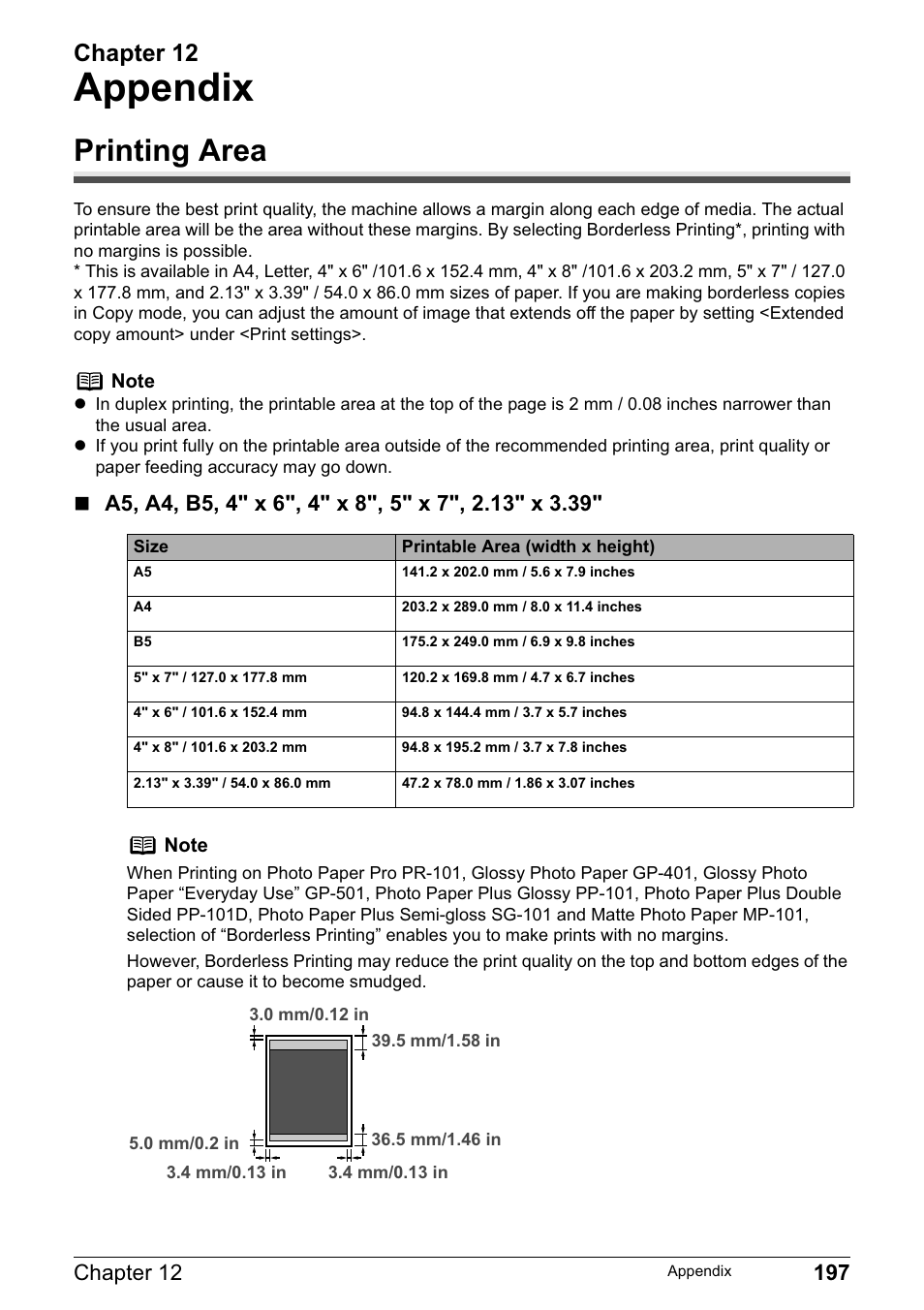 Appendix, Printing area, Chapter 12 | Canon PIXMA MP830 User Manual | Page 199 / 222