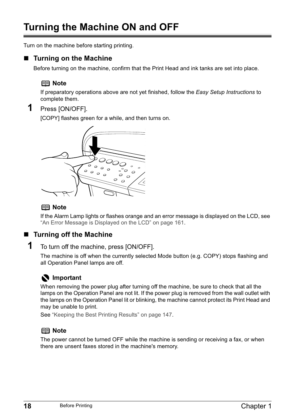 Turning the machine on and off | Canon PIXMA MP830 User Manual | Page 20 / 222