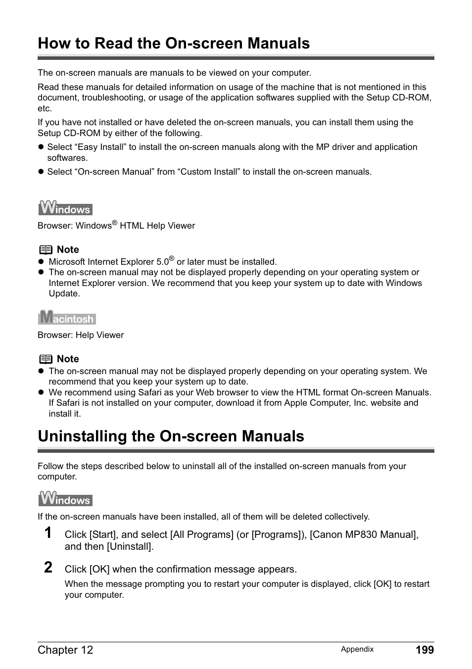 How to read the on-screen manuals, Uninstalling the on-screen manuals | Canon PIXMA MP830 User Manual | Page 201 / 222