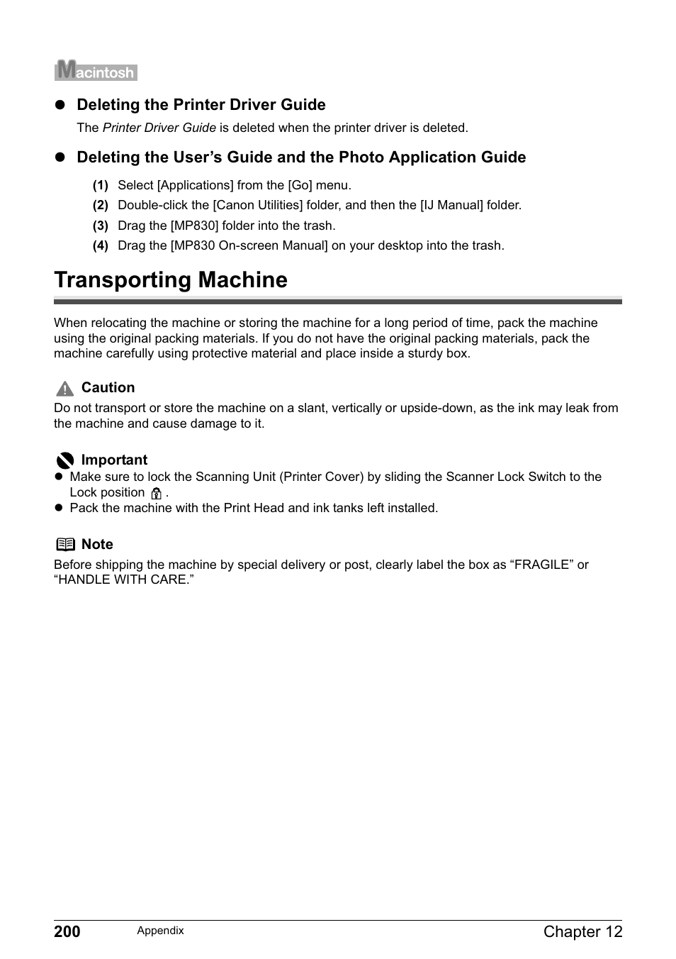 Transporting machine | Canon PIXMA MP830 User Manual | Page 202 / 222