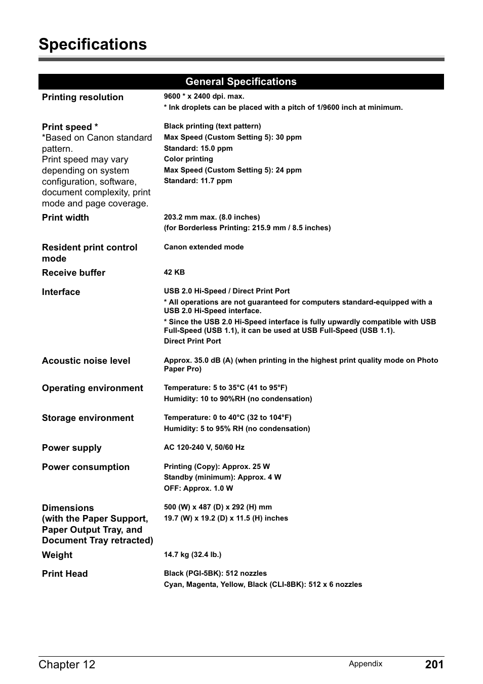 Specifications, General specifications | Canon PIXMA MP830 User Manual | Page 203 / 222