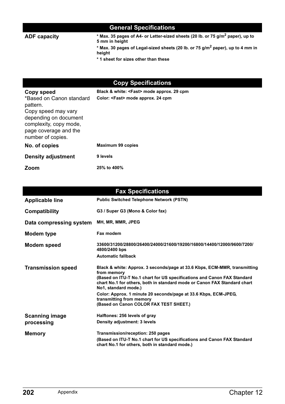 Copy specifications, Fax specifications, General specifications | Canon PIXMA MP830 User Manual | Page 204 / 222