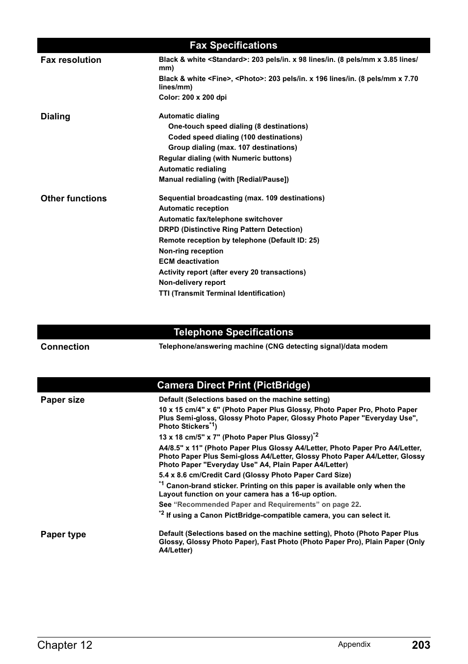 Telephone specifications, Camera direct print (pictbridge), Fax specifications | Canon PIXMA MP830 User Manual | Page 205 / 222