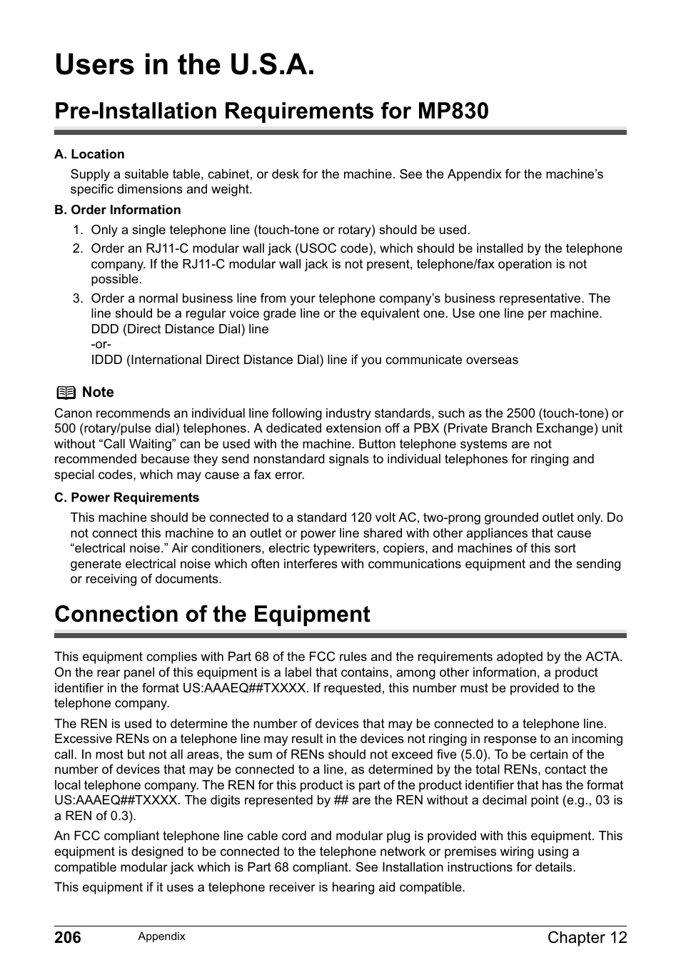 Users in the u.s.a, Pre-installation requirements for mp830, Connection of the equipment | Canon PIXMA MP830 User Manual | Page 208 / 222