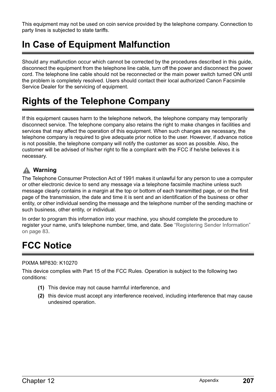 Rights of the telephone company, Fcc notice | Canon PIXMA MP830 User Manual | Page 209 / 222