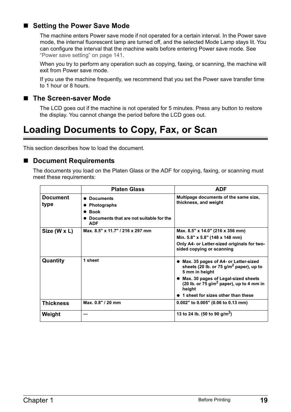 Loading documents to copy, fax, or scan, Chapter 1 19, Setting the power save mode | The screen-saver mode, Document requirements | Canon PIXMA MP830 User Manual | Page 21 / 222