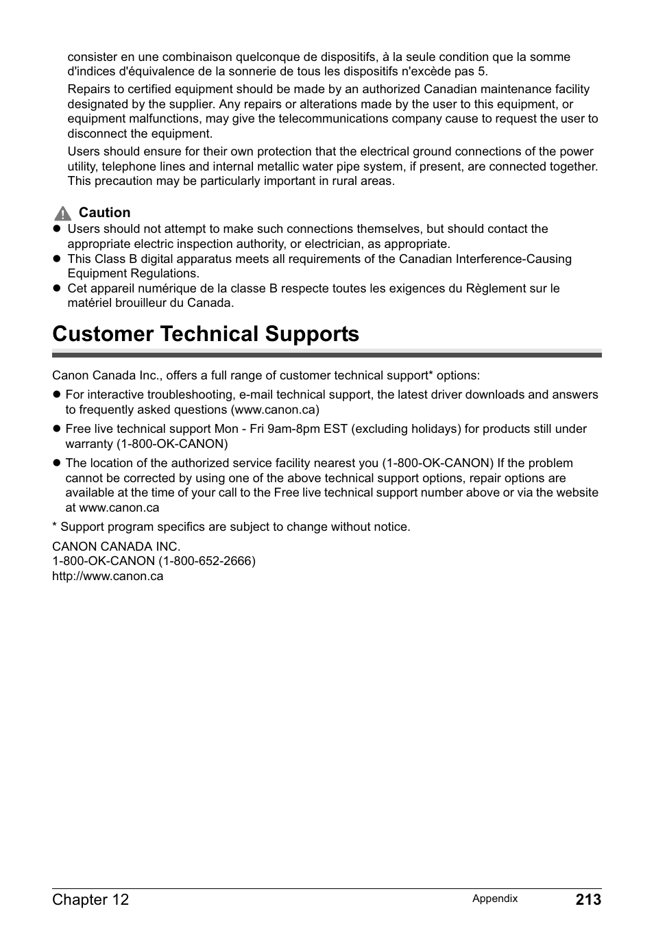 Customer technical supports | Canon PIXMA MP830 User Manual | Page 215 / 222