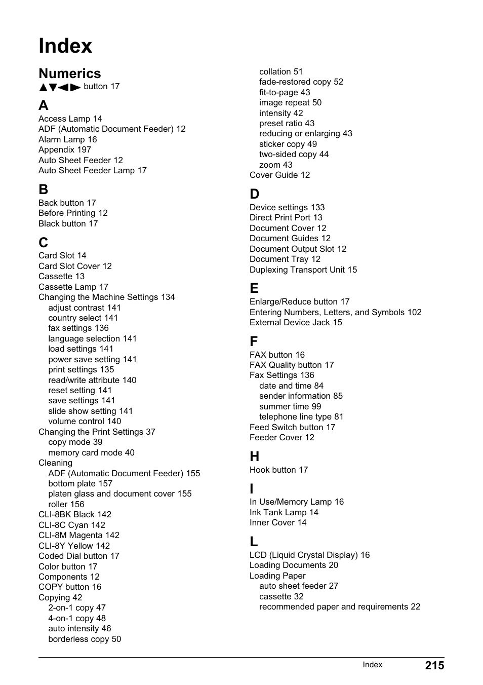 Index, Numerics | Canon PIXMA MP830 User Manual | Page 217 / 222