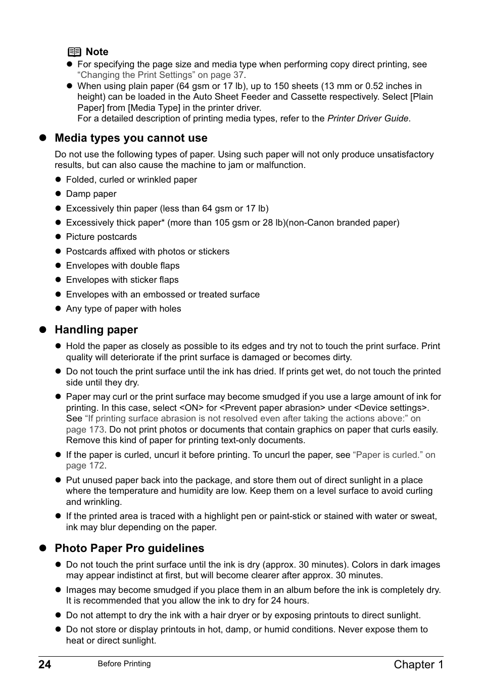 24 chapter 1, Z media types you cannot use, Z handling paper | Z photo paper pro guidelines | Canon PIXMA MP830 User Manual | Page 26 / 222