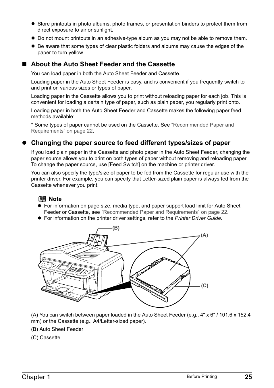 Chapter 1 25, About the auto sheet feeder and the cassette | Canon PIXMA MP830 User Manual | Page 27 / 222
