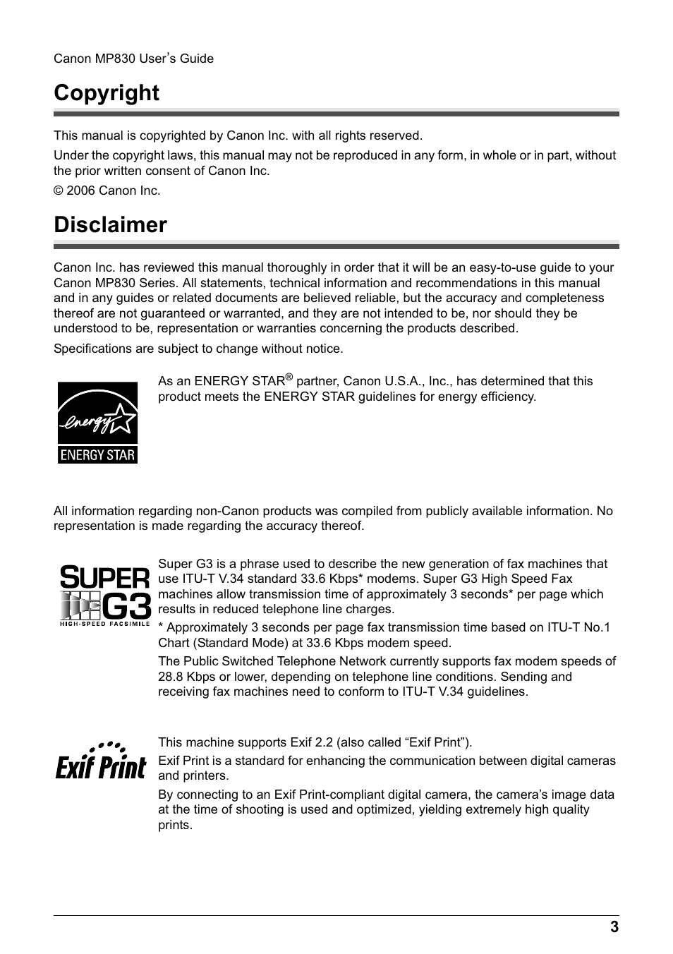 Copyright, Disclaimer | Canon PIXMA MP830 User Manual | Page 5 / 222