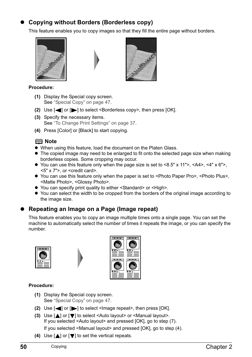 50 chapter 2, Z copying without borders (borderless copy), Z repeating an image on a page (image repeat) | Canon PIXMA MP830 User Manual | Page 52 / 222