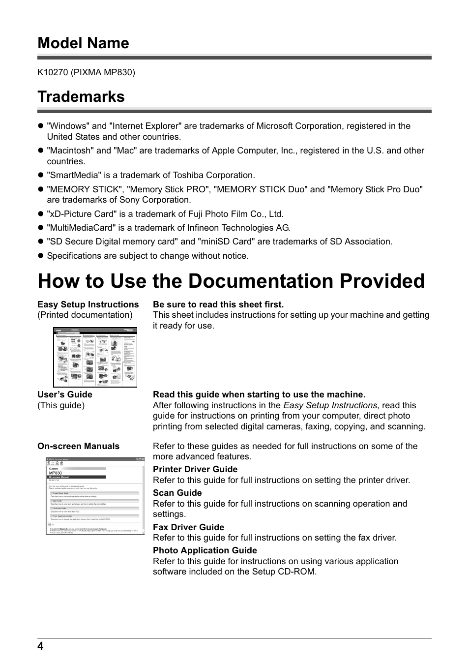 How to use the documentation provided, Model name, Trademarks | Canon PIXMA MP830 User Manual | Page 6 / 222