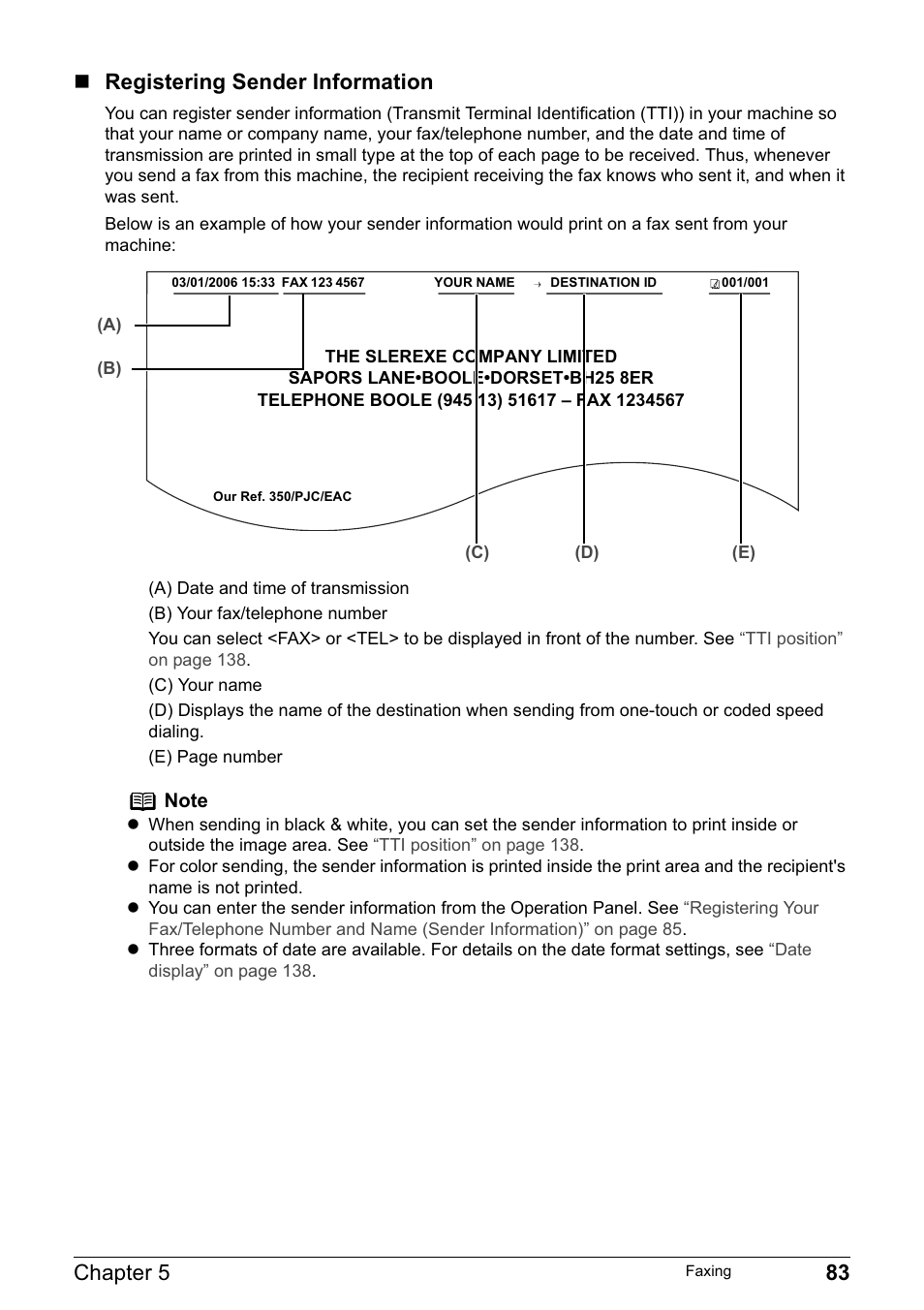 Chapter 5 83, Registering sender information | Canon PIXMA MP830 User Manual | Page 85 / 222