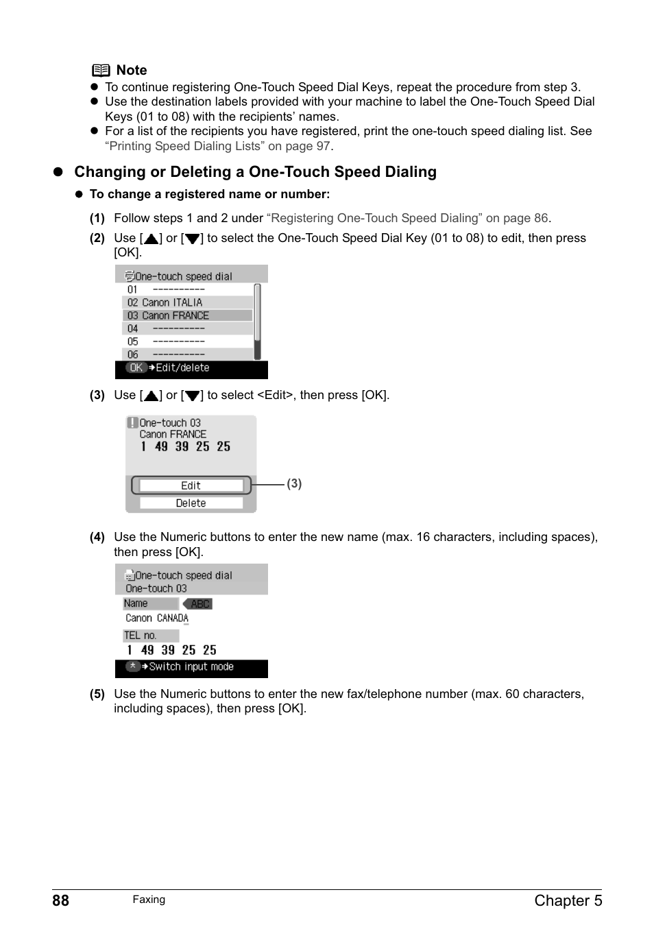 88 chapter 5, Z changing or deleting a one-touch speed dialing | Canon PIXMA MP830 User Manual | Page 90 / 222