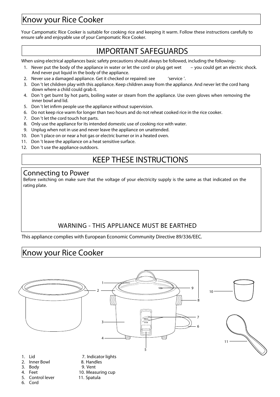 Know your rice cooker, Connecting to power, Warning - this appliance must be earthed | Campomatic CS180 User Manual | Page 2 / 6