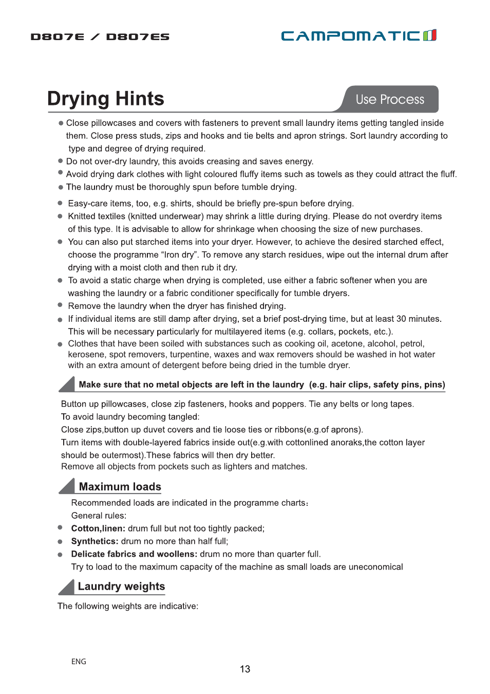 Campomatic D807E User Manual | Page 13 / 45