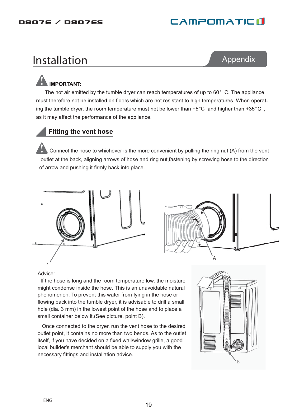 Installation, Appendix | Campomatic D807E User Manual | Page 19 / 45