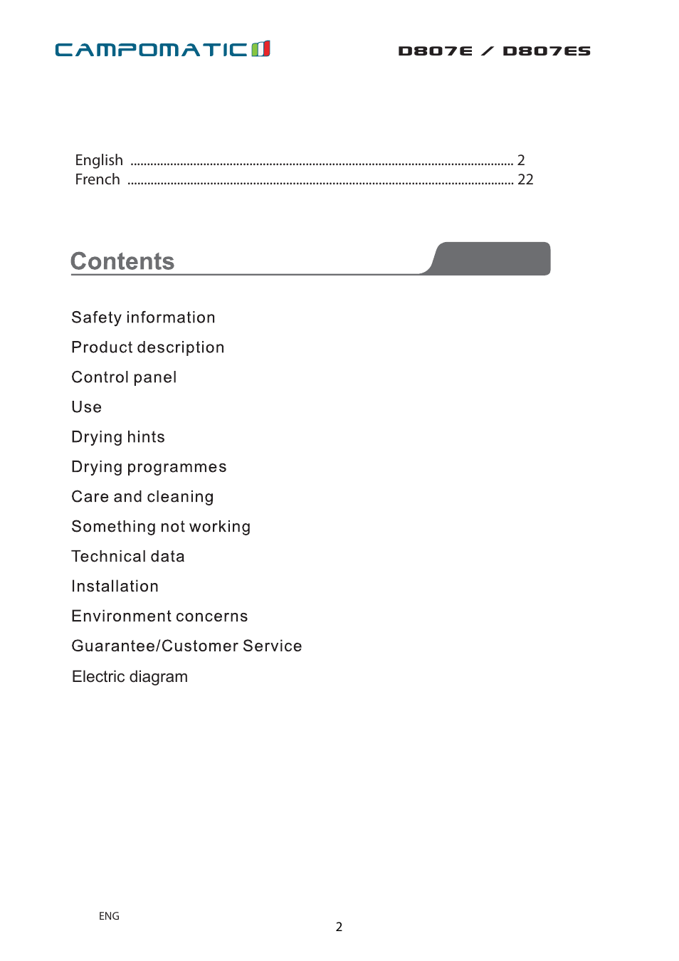Campomatic D807E User Manual | Page 2 / 45