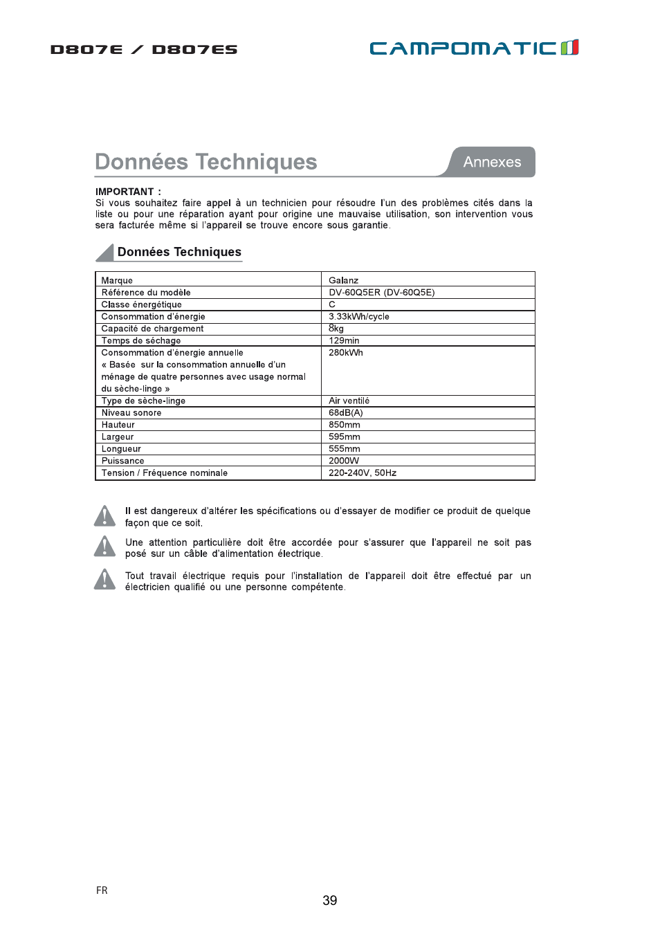 Campomatic D807E User Manual | Page 39 / 45