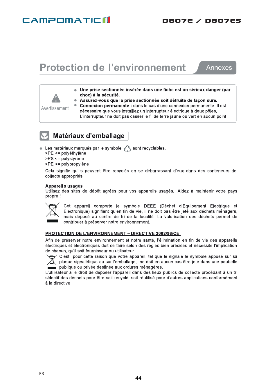 Campomatic D807E User Manual | Page 44 / 45