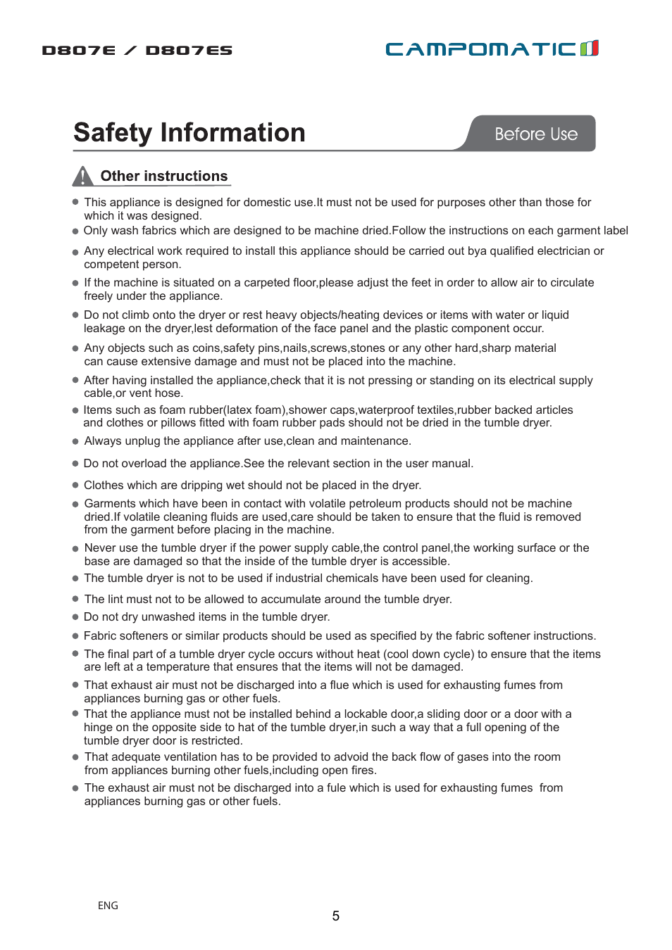 Campomatic D807E User Manual | Page 5 / 45