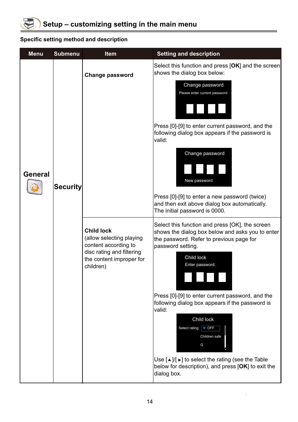 Setup – customizing setting in the main menu, General, Security | Campomatic DVD5030B User Manual | Page 16 / 34