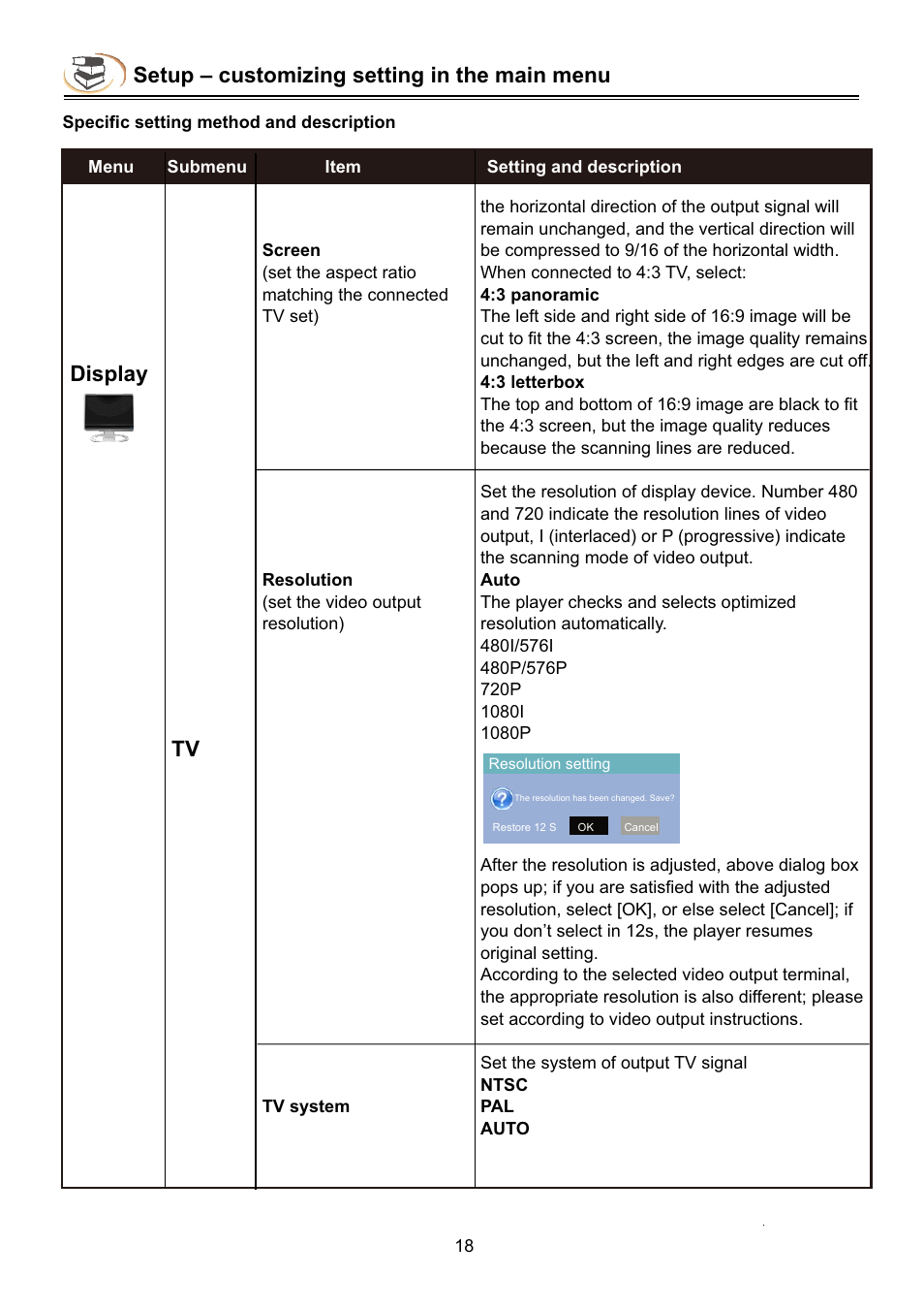 Setup – customizing setting in the main menu, Display | Campomatic DVD5030B User Manual | Page 20 / 34