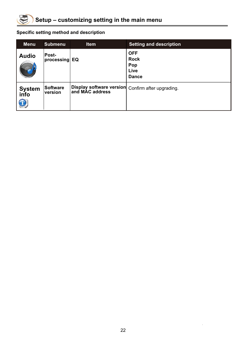 Setup – customizing setting in the main menu, Audio, System info | Campomatic DVD5030B User Manual | Page 24 / 34