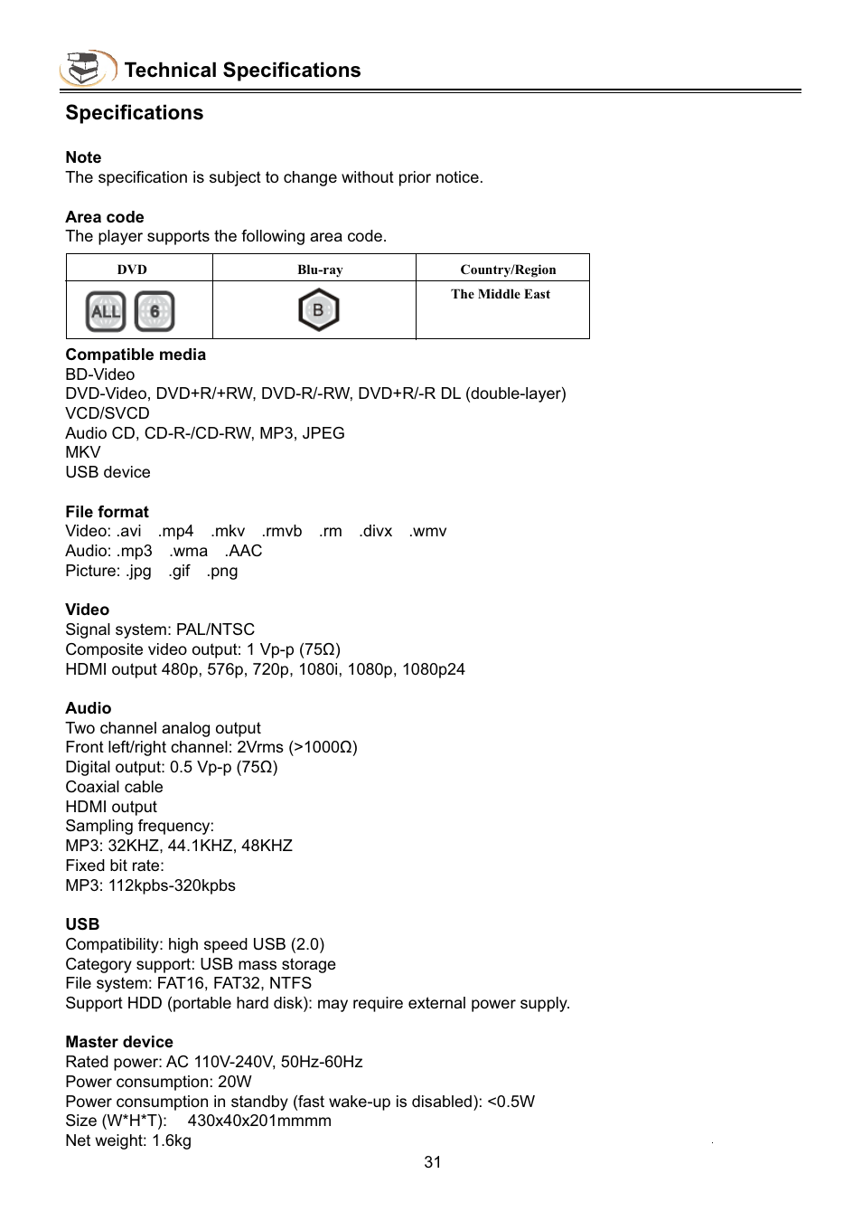 Technical specifications, Specifications | Campomatic DVD5030B User Manual | Page 33 / 34