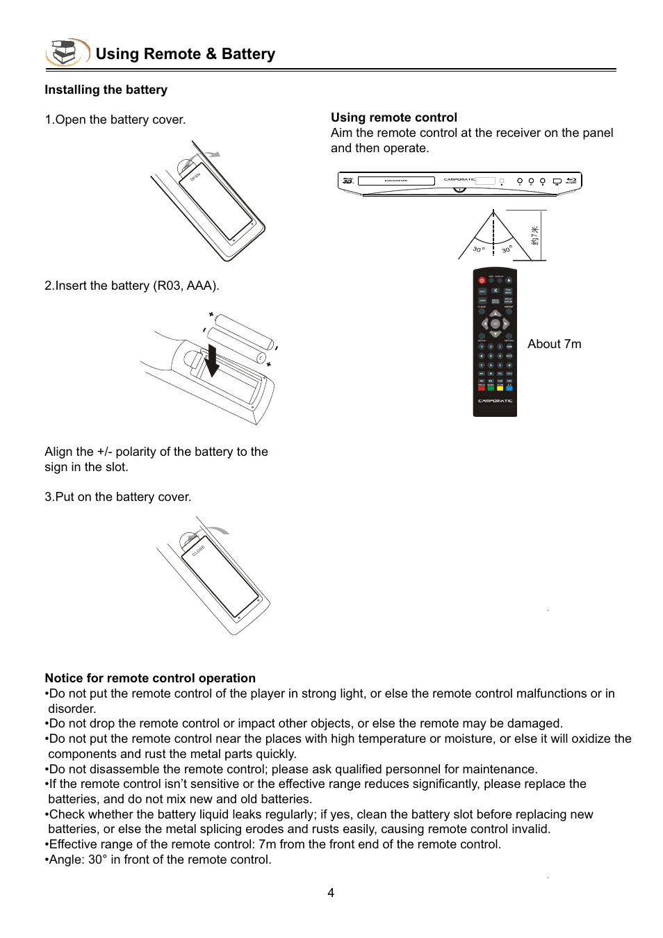 Using remote & battery | Campomatic DVD5030B User Manual | Page 6 / 34