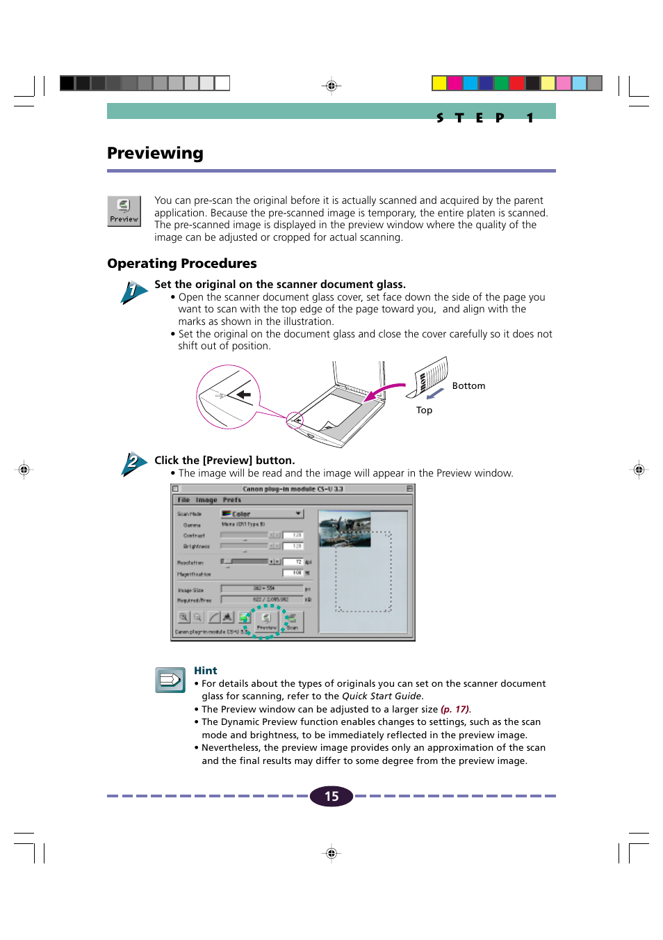 Previewing, Preview button, P. 15 | Eview scan, Operating procedures | Canon FB630U/FB636U User Manual | Page 15 / 62