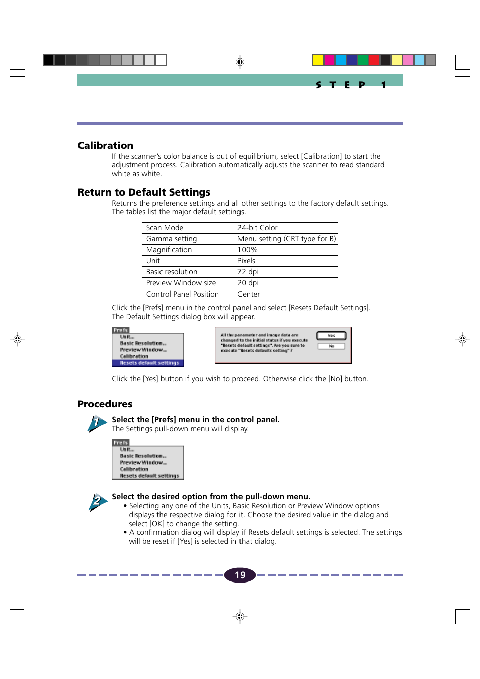 Calibration, Return to default settings, Procedures | Canon FB630U/FB636U User Manual | Page 19 / 62