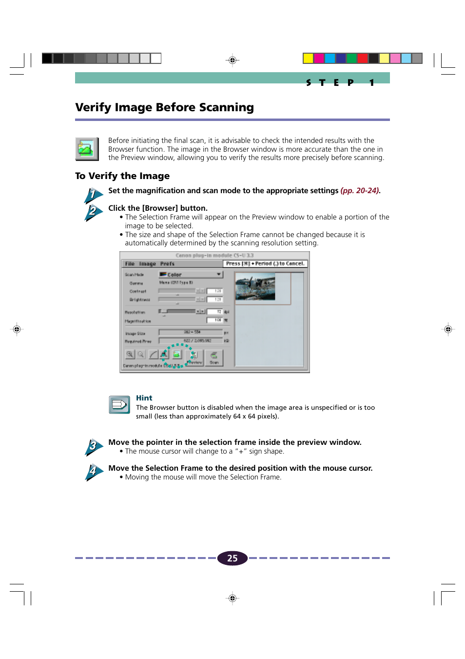 Verify image before scanning, Browser button, P. 25 | Owser window) | Canon FB630U/FB636U User Manual | Page 25 / 62