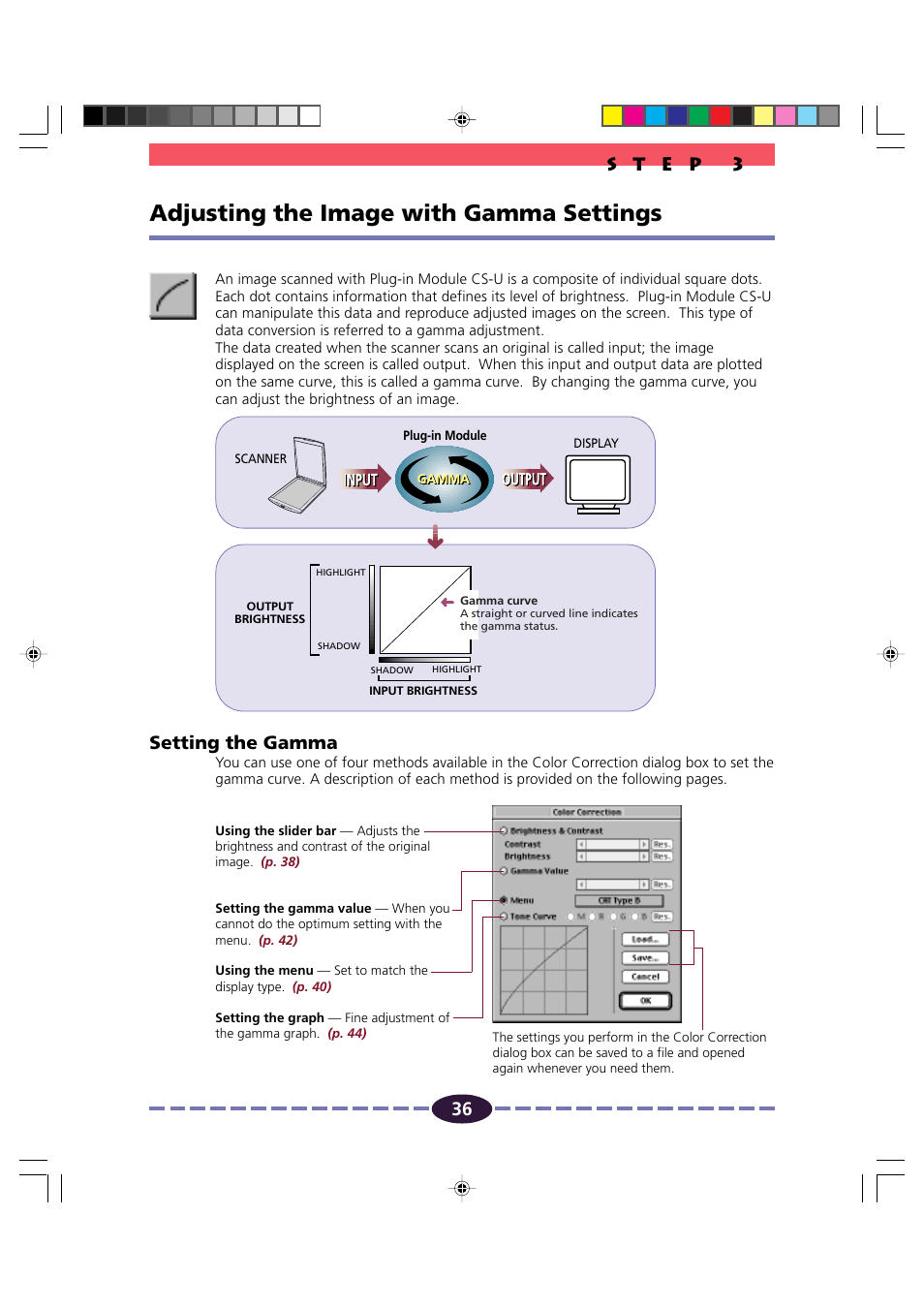 Adjusting the image with gamma settings, Gamma curve button, P. 36 | Pp. 36-45, Setting the gamma | Canon FB630U/FB636U User Manual | Page 36 / 62