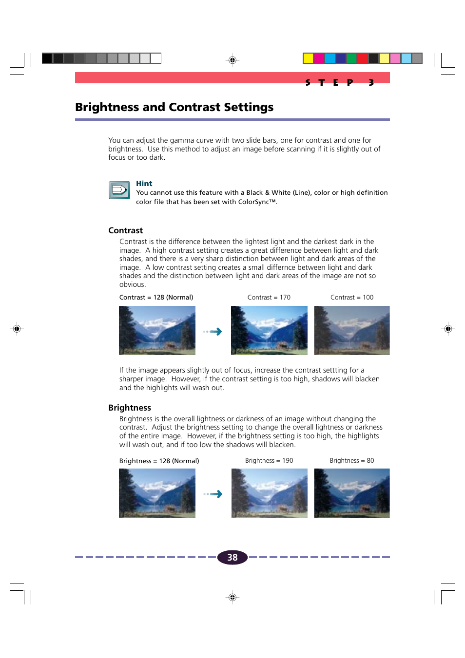 Brightness and contrast settings, P. 38, P. 38) | Canon FB630U/FB636U User Manual | Page 38 / 62