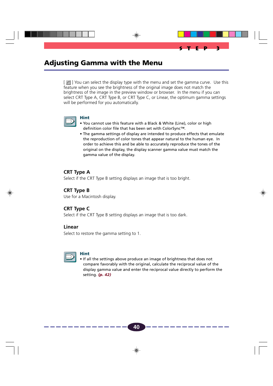 Adjusting gamma with the menu, P. 40, Display type | P. 40) | Canon FB630U/FB636U User Manual | Page 40 / 62