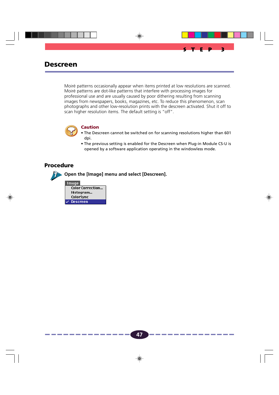 Descreen, P. 47, Procedure | Canon FB630U/FB636U User Manual | Page 47 / 62