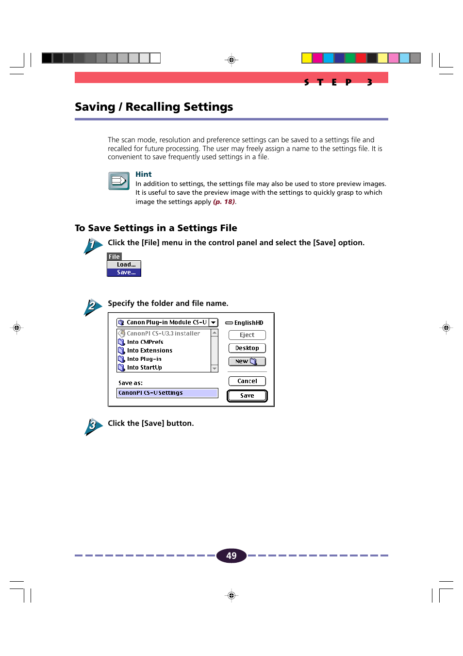 Saving/recalling settings, P. 49, Saving / recalling settings | Canon FB630U/FB636U User Manual | Page 49 / 62