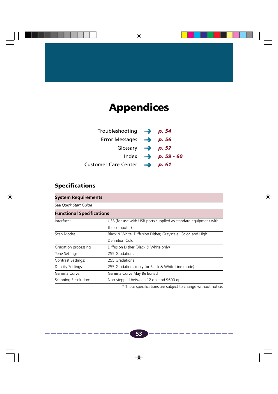 Appendices, Specifications | Canon FB630U/FB636U User Manual | Page 53 / 62