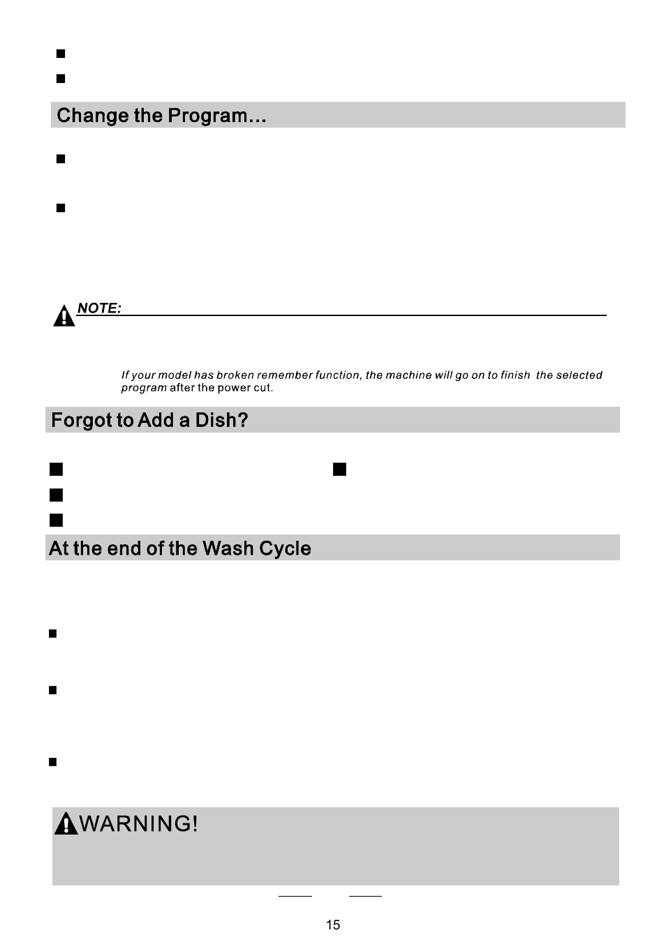 Switch off the dishwasher, Open the door carefully, Unloading the dishwasher | Campomatic DW911ES User Manual | Page 17 / 99