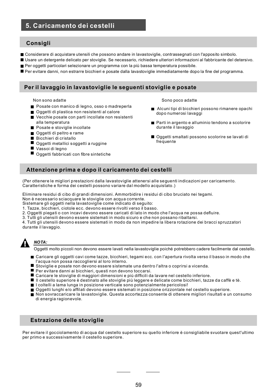 Caricamento dei cestelli, Consigli, Estrazione delle stoviglie | Campomatic DW911ES User Manual | Page 61 / 99