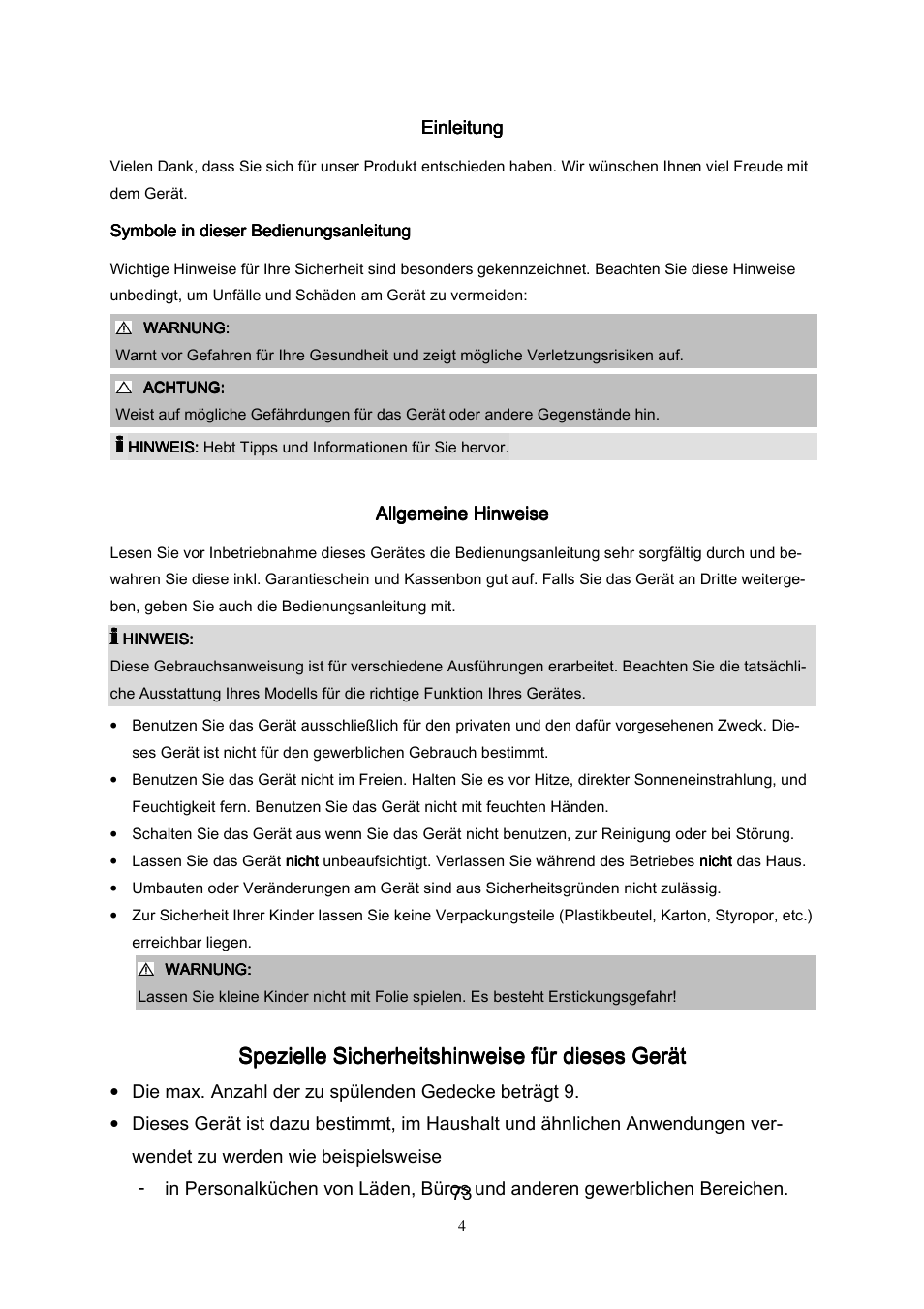 Spezielle sicherheitshinweise für dieses gerät, Einleitung, Allgemeine hinweise | Campomatic DW911ES User Manual | Page 75 / 99