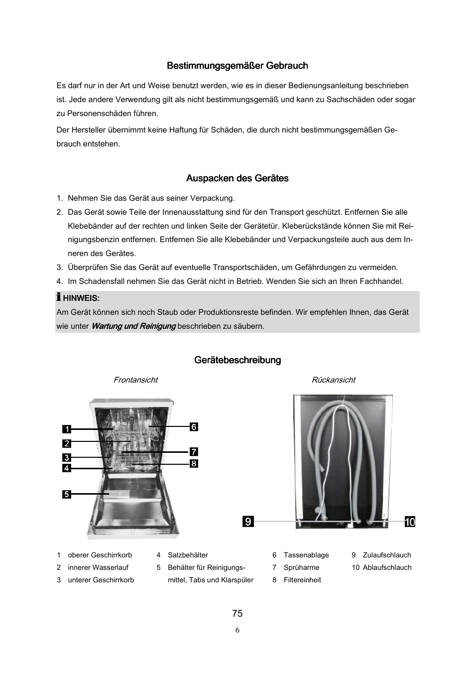 Bestimmungsgemäßer gebrauch, Auspacken des gerätes, Gerätebeschreibung | Campomatic DW911ES User Manual | Page 77 / 99